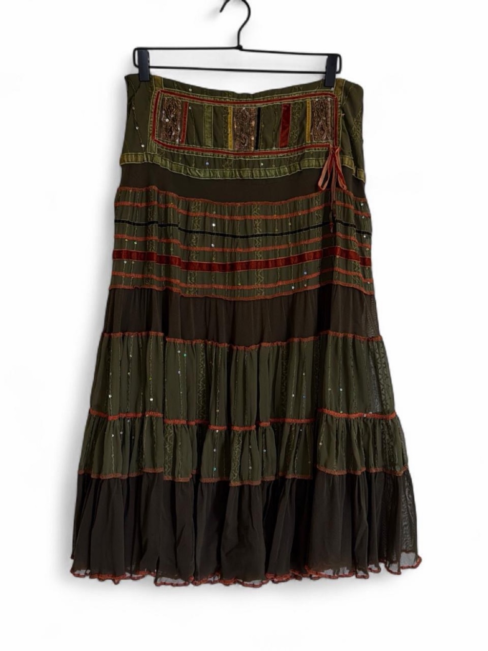 Passeflore Vintage Y2K Tiered Olive Green Maxi Skirt with sequins and embroidery
